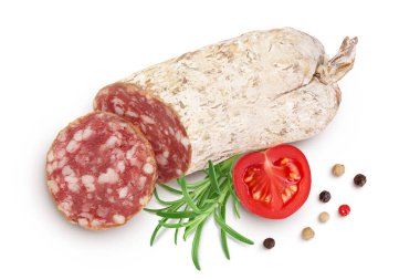 Cured salami sausage slices isolated on white background. Italian cuisine with full depth of field. Top view. Flat lay