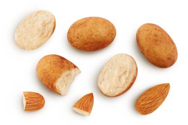 Marzipan balls or potatoes with almond isolated on white background full depth of field. Top view. Flat lay.