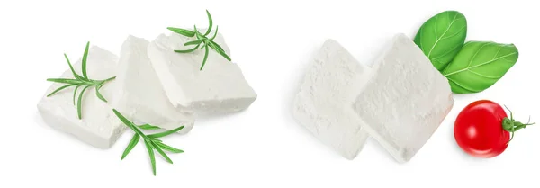 Feta Cheese Isolated White Background Top View Flat Lay Set — Zdjęcie stockowe