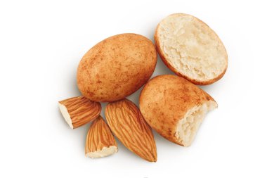 Marzipan balls or potatoes with almond isolated on white background full depth of field. Top view. Flat lay.