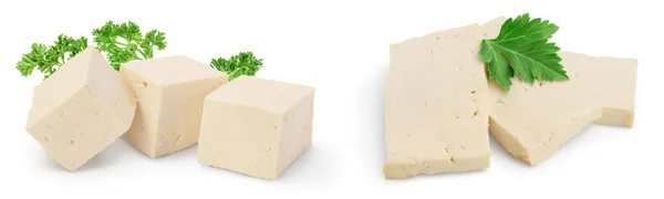 Diced Tofu Cheese Isolated White Background Full Depth Field — Φωτογραφία Αρχείου