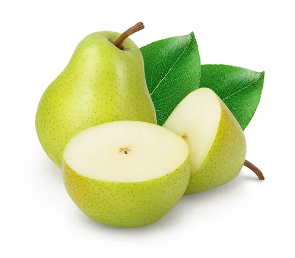 Groen Perenfruit Met Half Geïsoleerd Witte Achtergrond Met Volle Velddiepte — Stockfoto
