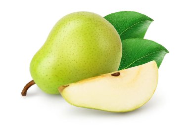 Green pear fruit with slices isolated on white background with full depth of field.