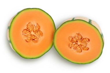 Cantaloupe melon half isolated on white background with full depth of field. Top view. Flat lay.