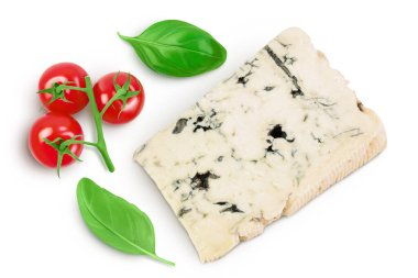 Blue cheese gorgonzola isolated on white background with full depth of field. Top view. Flat lay