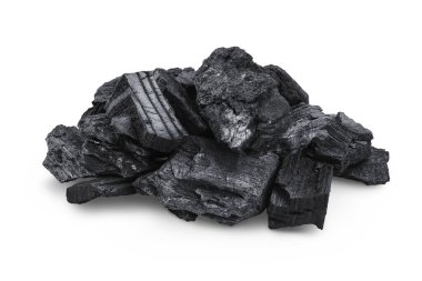 Natural wooden charcoal isolated on white background with full depth of field.