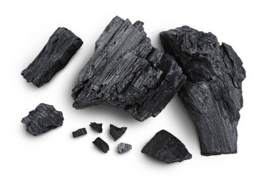 Natural wooden charcoal isolated on white background with full depth of field. Top view. Flat lay.