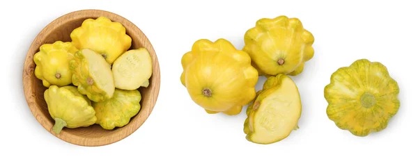 Calabaza Pattypan Amarillo Cuenco Madera Aislado Sobre Fondo Blanco Vista — Foto de Stock