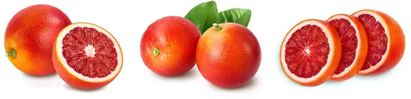 Bloedrode Sinaasappels Geïsoleerd Witte Achtergrond Met Volle Velddiepte Set Verzameling — Stockfoto