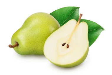 Yeşil armut meyvesi, beyaz arka planda yarı izole edilmiş, geniş bir alana yayılmış..