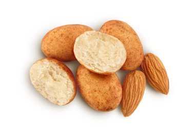 Marzipan balls or potatoes with almond isolated on white background full depth of field. Top view. Flat lay.