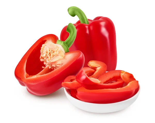Slices Red Sweet Bell Pepper Ceramic Bowl Isolated White Background — Stock Photo, Image