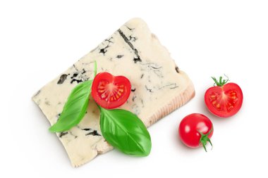 Blue cheese gorgonzola isolated on white background with full depth of field. Top view. Flat lay