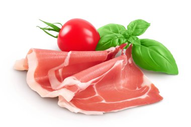 İtalyan jambonu mu İspanyol jamonu mu? Çiğ jambon, beyaz arka planda tam derinlikte izole edilmiş.