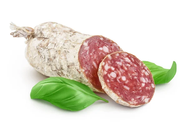 Cured Salami Sausage Isolated White Background Italian Cuisine Full Depth — Foto de Stock