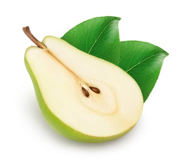 Green pear fruit half isolated on white background with full depth of field.
