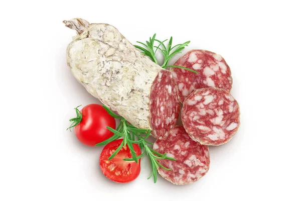 Cured Salami Sausage Slices Isolated White Background Italian Cuisine Full — 스톡 사진