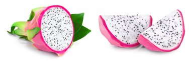 Olgun Dragon meyve, Pitaya ya da beyaz zemin üzerine izole yaprakları ile Pitahaya yarısı sağlıklı kavramı meyve.