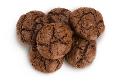 chocolate cookies isolated on white background with full depth of field. Top view. Flat lay.