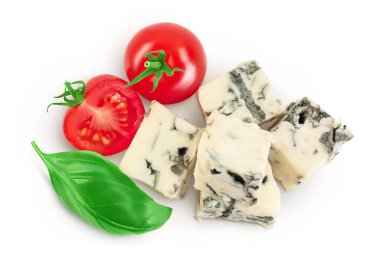 Blue cheese gorgonzola isolated on white background with full depth of field. Top view. Flat lay