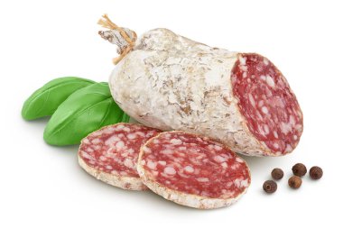 Cured salami sausage isolated on white background. Italian cuisine with full depth of field.