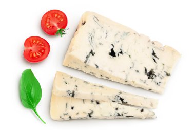 Blue cheese gorgonzola isolated on white background with full depth of field. Top view. Flat lay