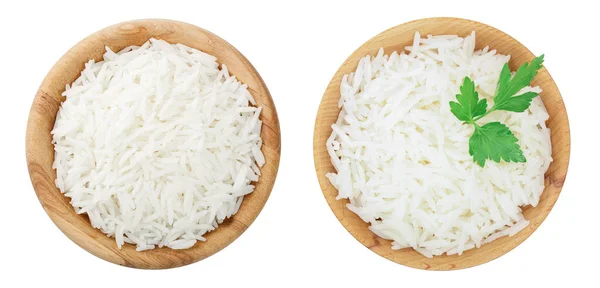 Rýže Dřevěné Míse Izolované Bílém Pozadí Horní Pohled Plocha — Stock fotografie