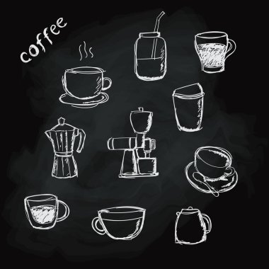 Kahve kabı elle çizilmiş karatahta vektör çizimi