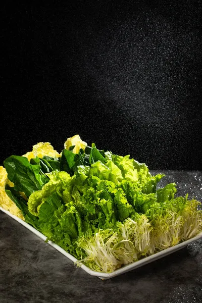 fresh green salad with lettuce and greens on black background