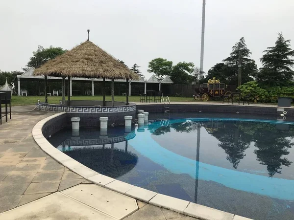 swimming pool with green grass and water reflection