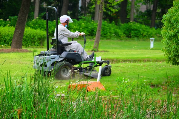 man mowing a lawn mower with a rake
