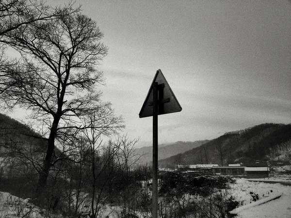 black and white photo of a road sign in the park