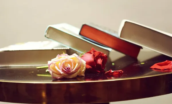 close up of a book with a rose