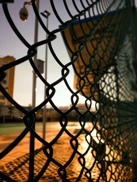 a vertical shot of a net fence with a barbed wire