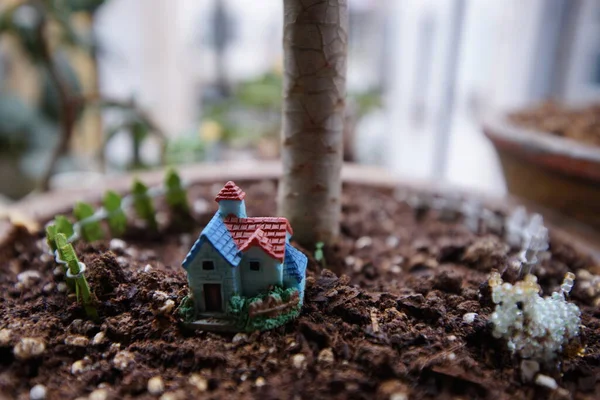 miniature house with small toy and a tree