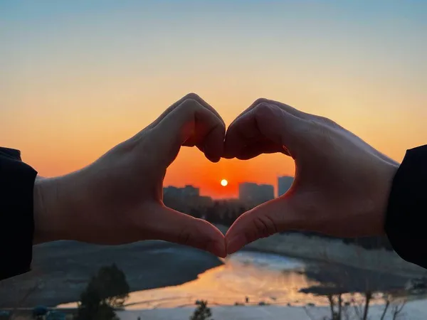 heart shape of a man in the hands of a woman in the sunset