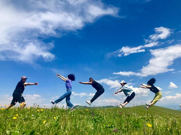 group of happy young people jumping in the green meadow