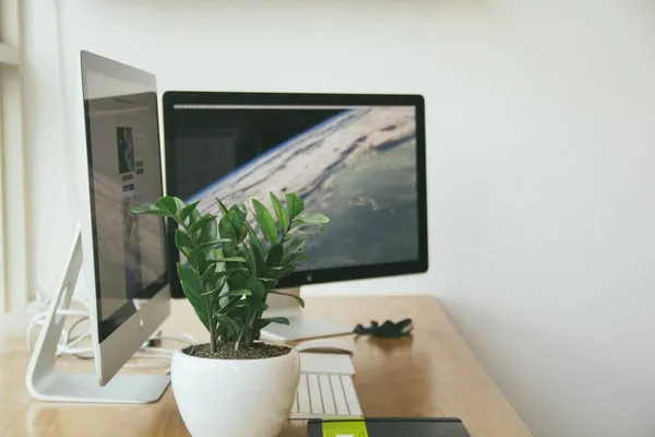 modern workplace with computer and office supplies