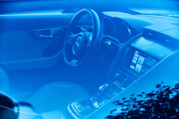 car interior with blue and white lights
