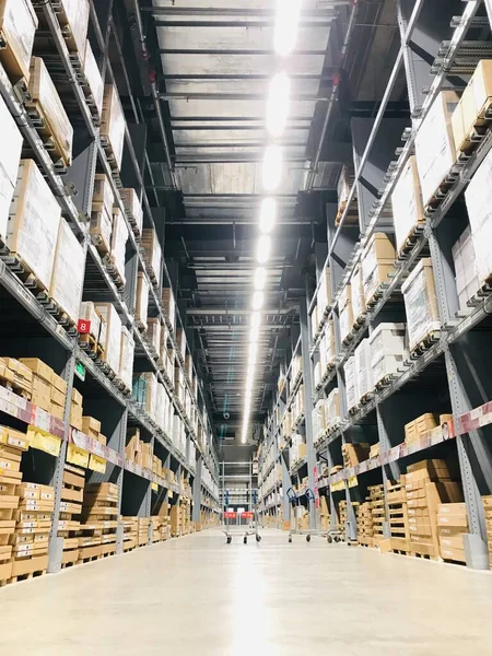 warehouse shelves in a row.