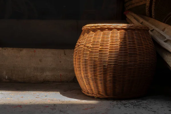 wicker basket with wooden baskets on the street