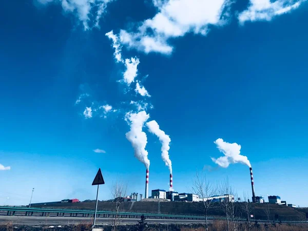 industrial factory, smoke and chimney, power plant, pollution
