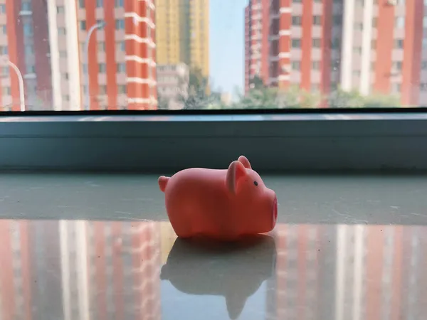 a red piggy bank on the roof of the house