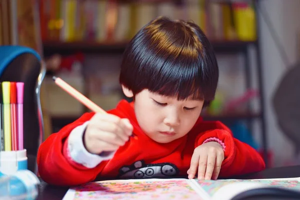 little boy draws a book in the room
