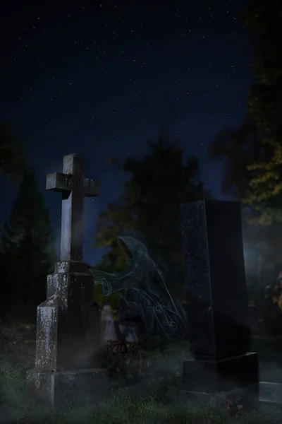 Halloween Eve Night Cemetery Authentic Holiday Place Beautiful Fantasy Smoke — Stock Photo, Image
