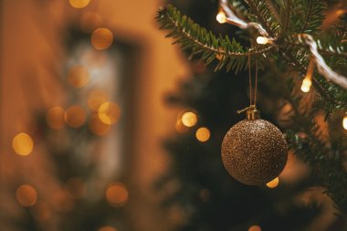 Noel ağacı yumuşak odak oyuncak topu bir dala asılı ve bulanık arka plan Ilık renk, bokeh ve ışıklar