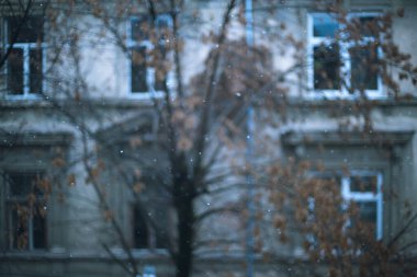 Eski binanın odaksız pencereleri. Gecekondu mahallesinin arka sokak manzarası. İlk kar yağışlı.