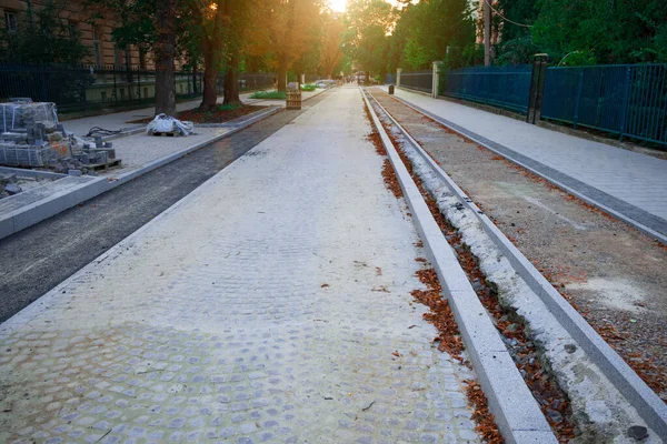 Processo Ricostruzione Marciapiedi Lato Strada Della Città Piedi Ora Del — Foto Stock