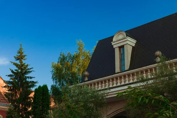 Eski bina dış cephe çatısı bahçe ağaçları çevre alanı ve mavi gökyüzü arkaplanı ile öngörücü fotoğraf