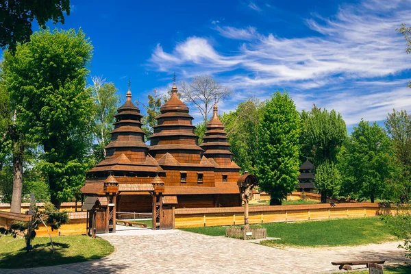 old wooden material church of orthodox religion in outskirts park land nature scenery environment, spring time season morning